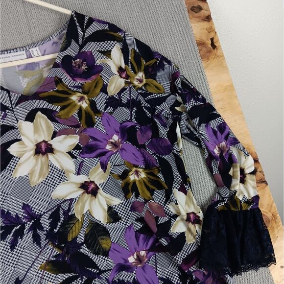 Susan Graver Liquid Knit Blouse Womens L Purple/Black Floral Boho Chiffon Ruffle - Picture 4 of 15